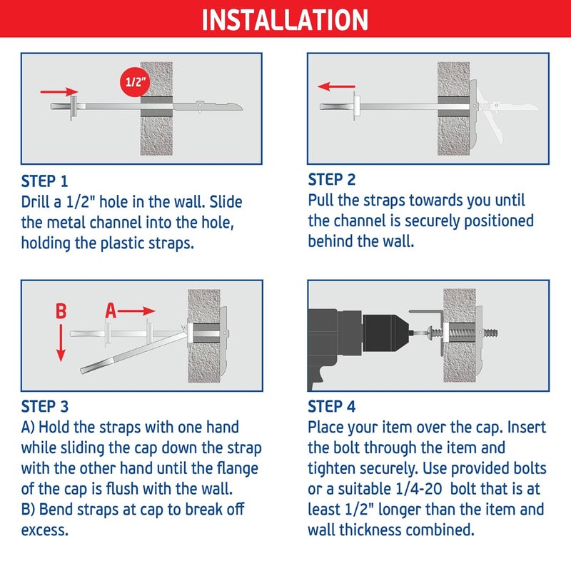 FixMaster 1/4" Heavy Duty Master Toggle-Bolt Strap Anchors (8 Pack) w/ 8 Steel Threaded Studs, 3/8" to 3-5/8" Grip Range, for 1/4"-20 Fastener Size - 240lb in 3/8-1/2" & 300lb in 5/8" Drywall Holding Strength - Image 5